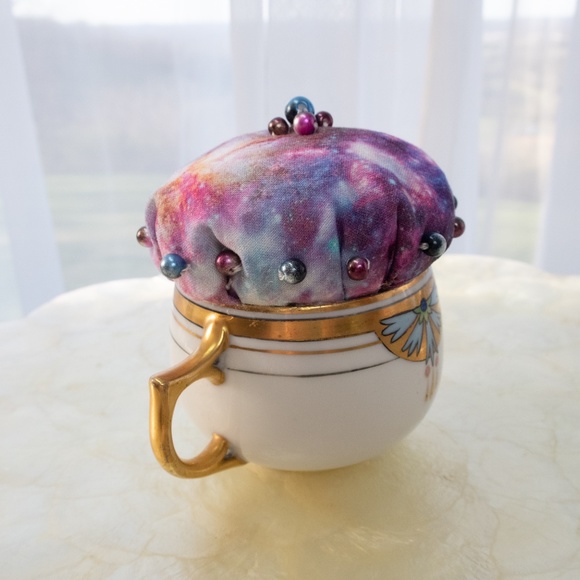 Galaxy Teacup Pincushion Hand Sewn With Craft Pearls Upcycled Austrian Cup NWOT - Picture 7 of 15